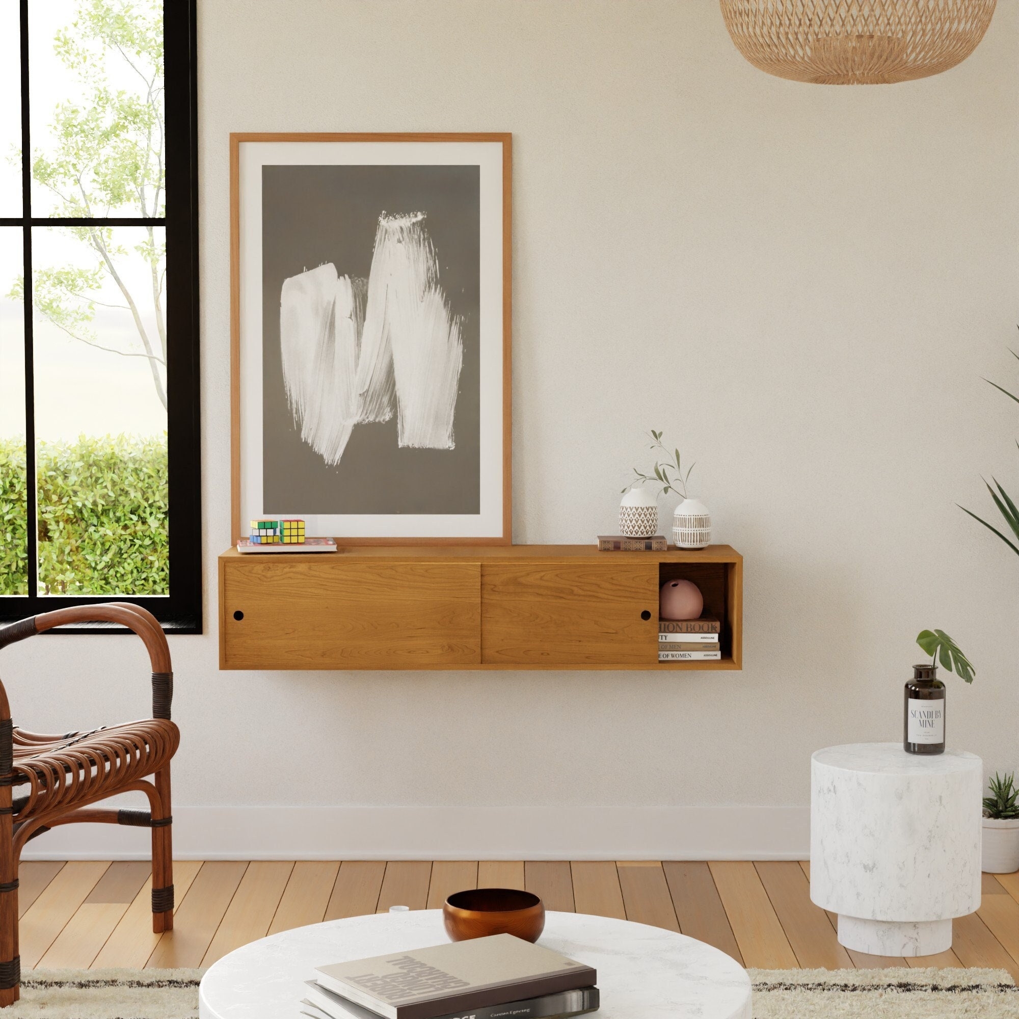 Floating Sideboard Wall Mounted Cherry Wood Sliding Doors