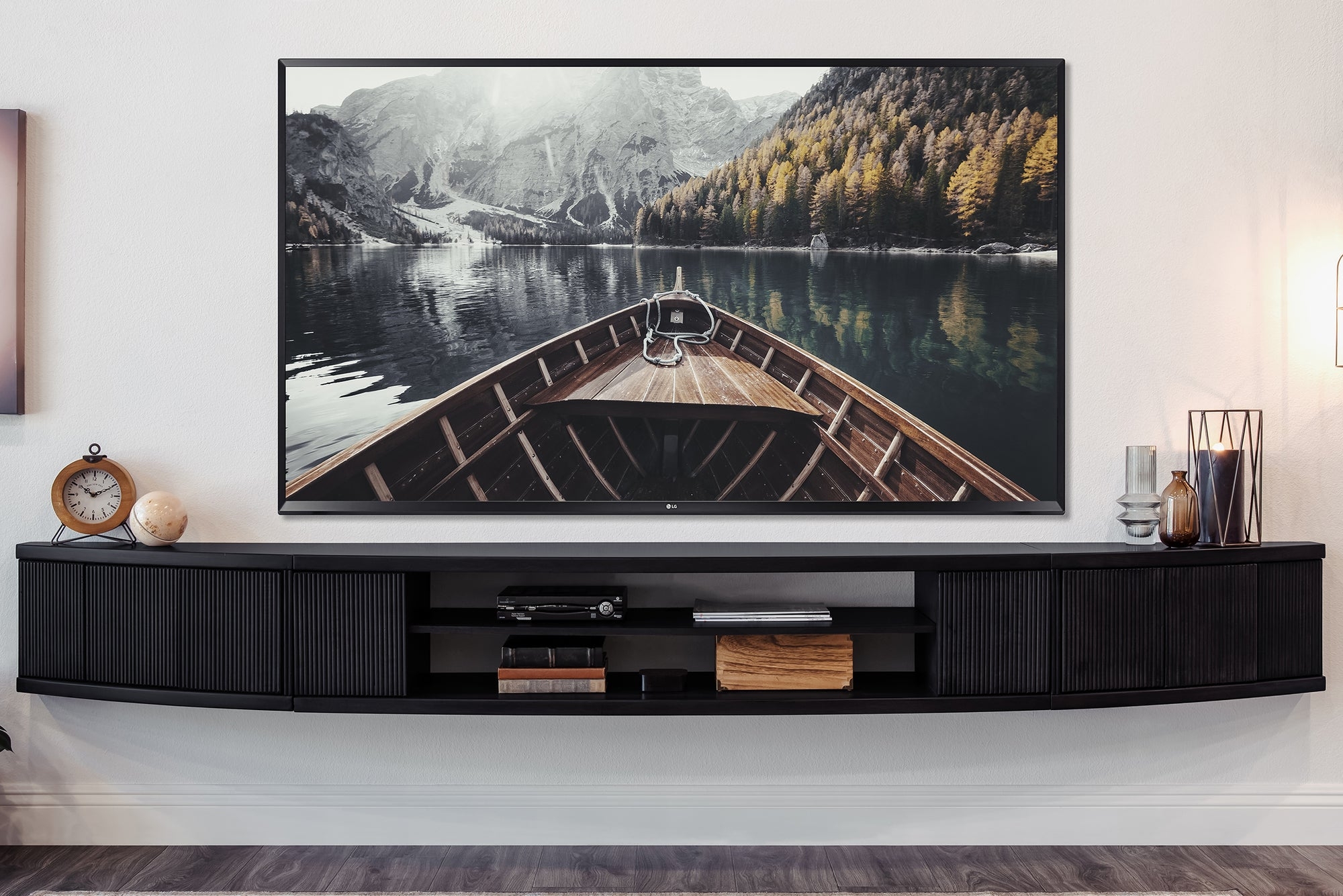 Floating TV Console Curved Front with Fluted Doors