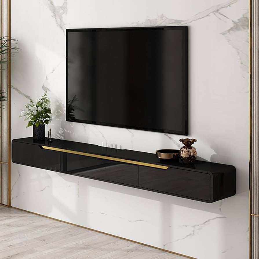 Floating TV Media Console Gold Trim Luxury Shelf