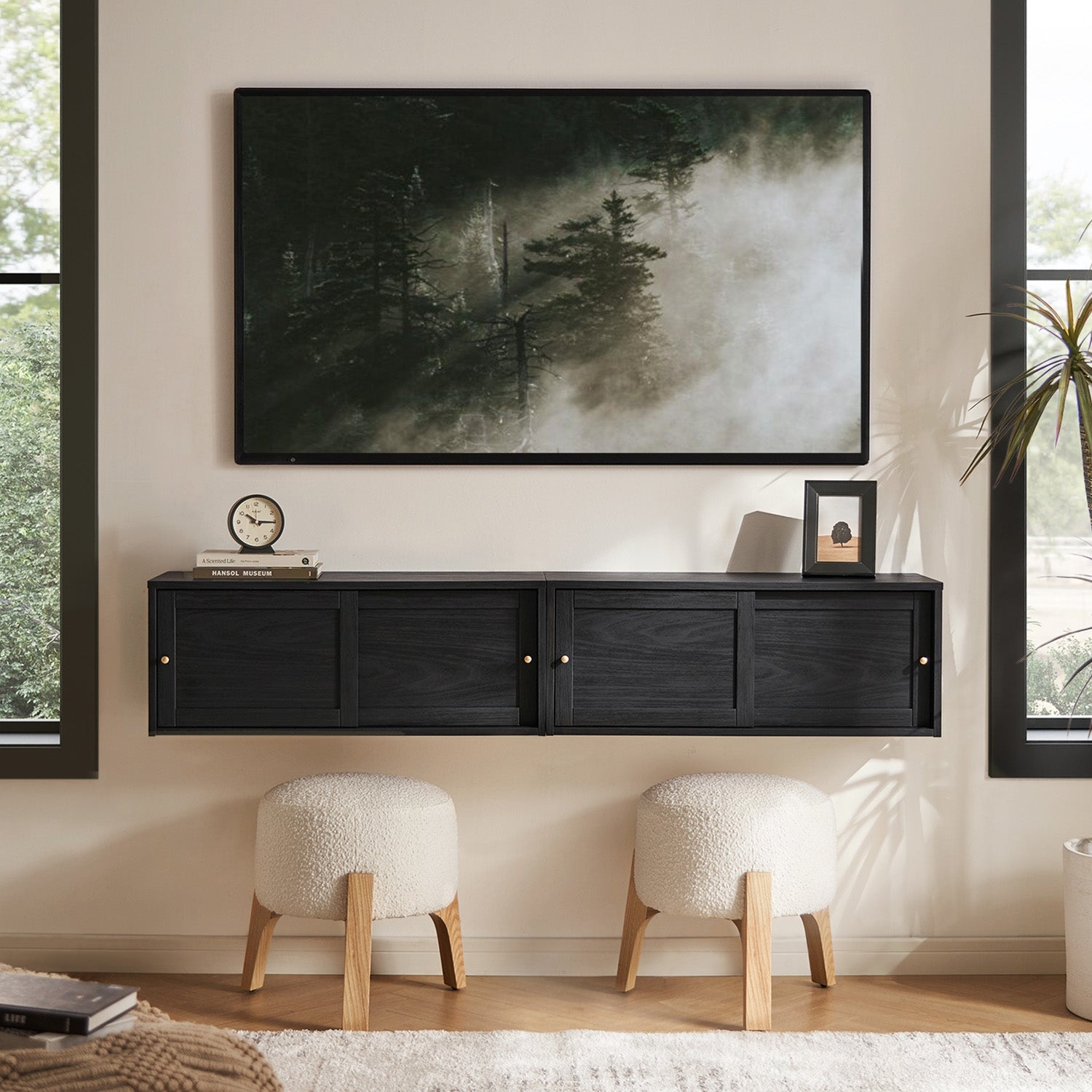 Floating TV Stand Black Oak Sliding Door Cabinet