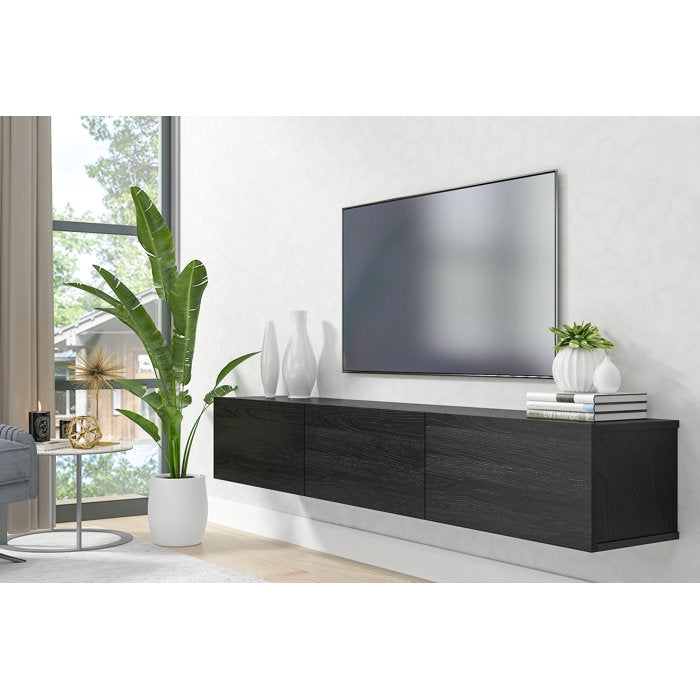 Floating TV Stand Black Wood Grain Handleless Unit