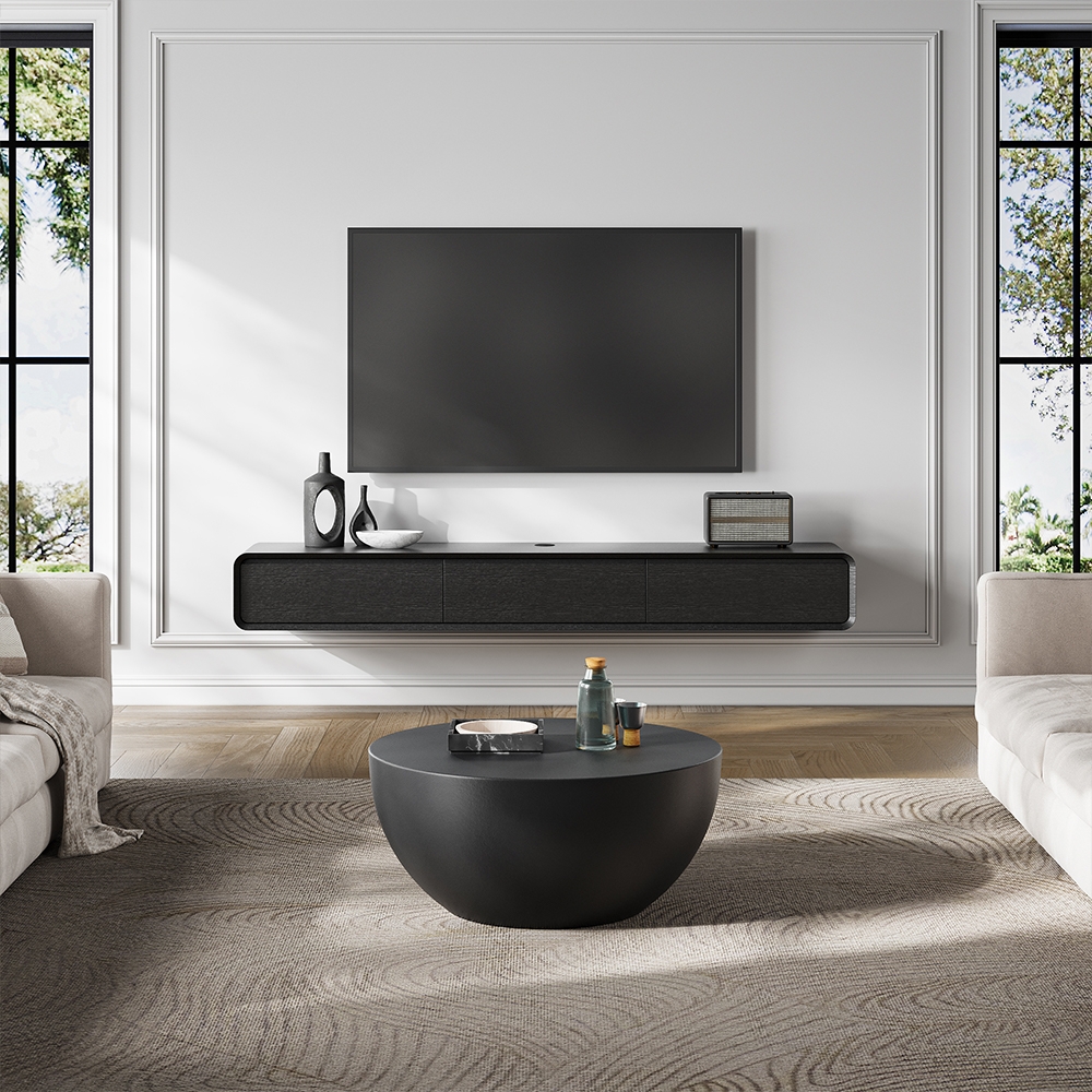 Floating TV Stand Wood Grain Three Drawer Shelf