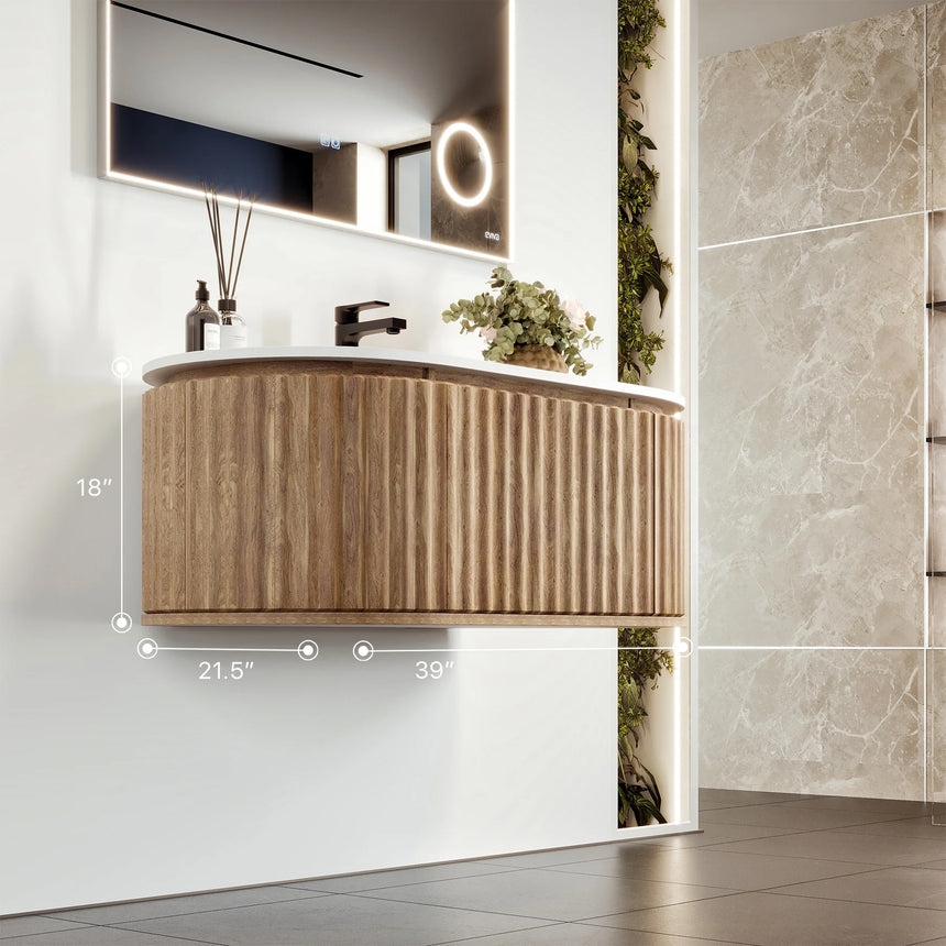 Floating Vanity: Curved Radius Ends and Ribbed Texture