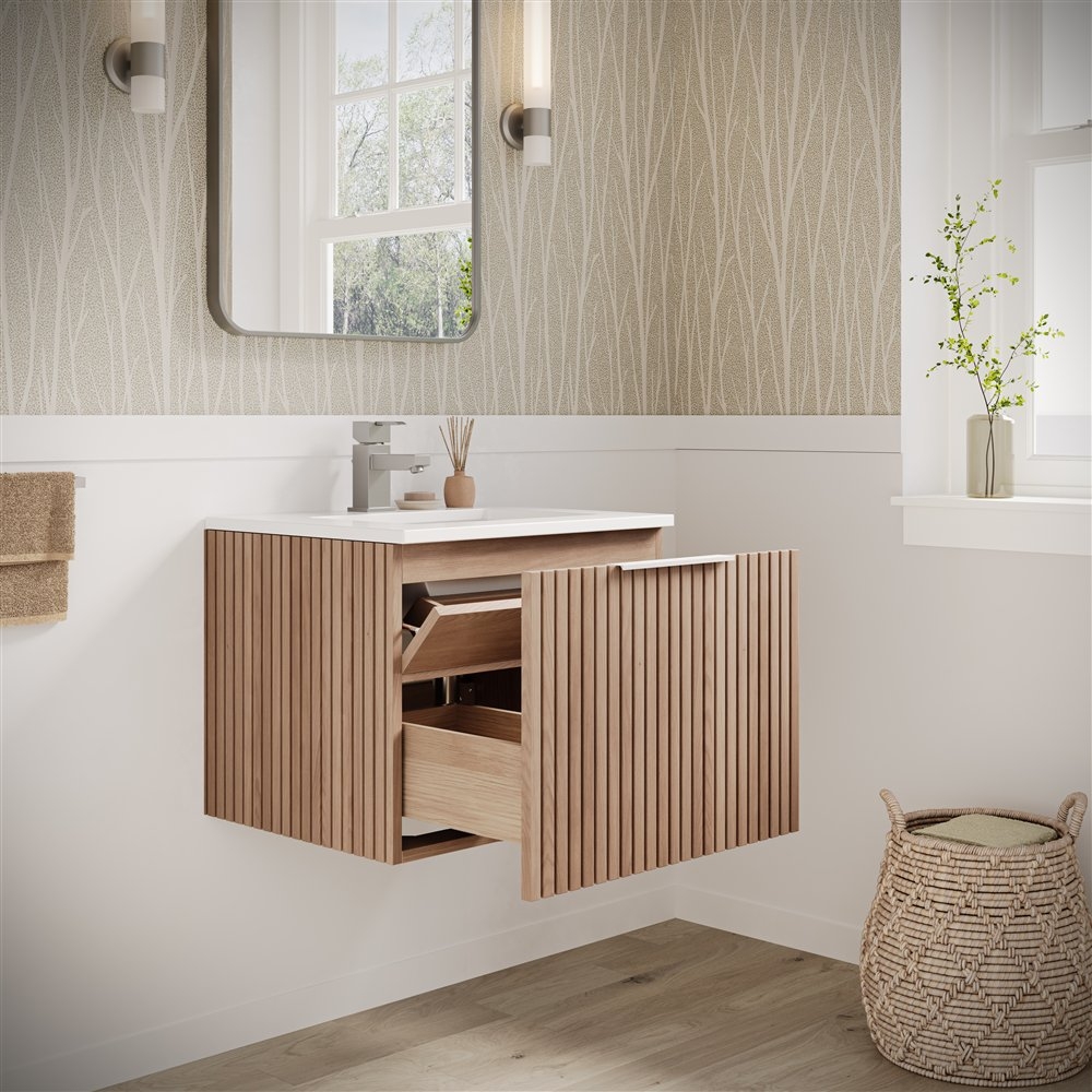 Floating Vanity: Oak Wood Cabinet with Tiered Drawer Storage