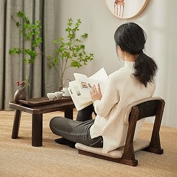 Floor Chair Dark Wood Frame Japandi Meditation Seat