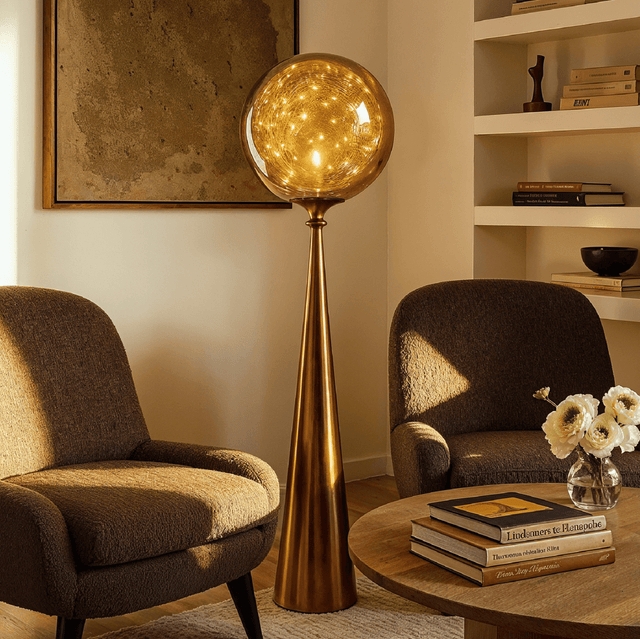 Floor Lamp Amber Glass Globe and Tapered Gold Cone Base