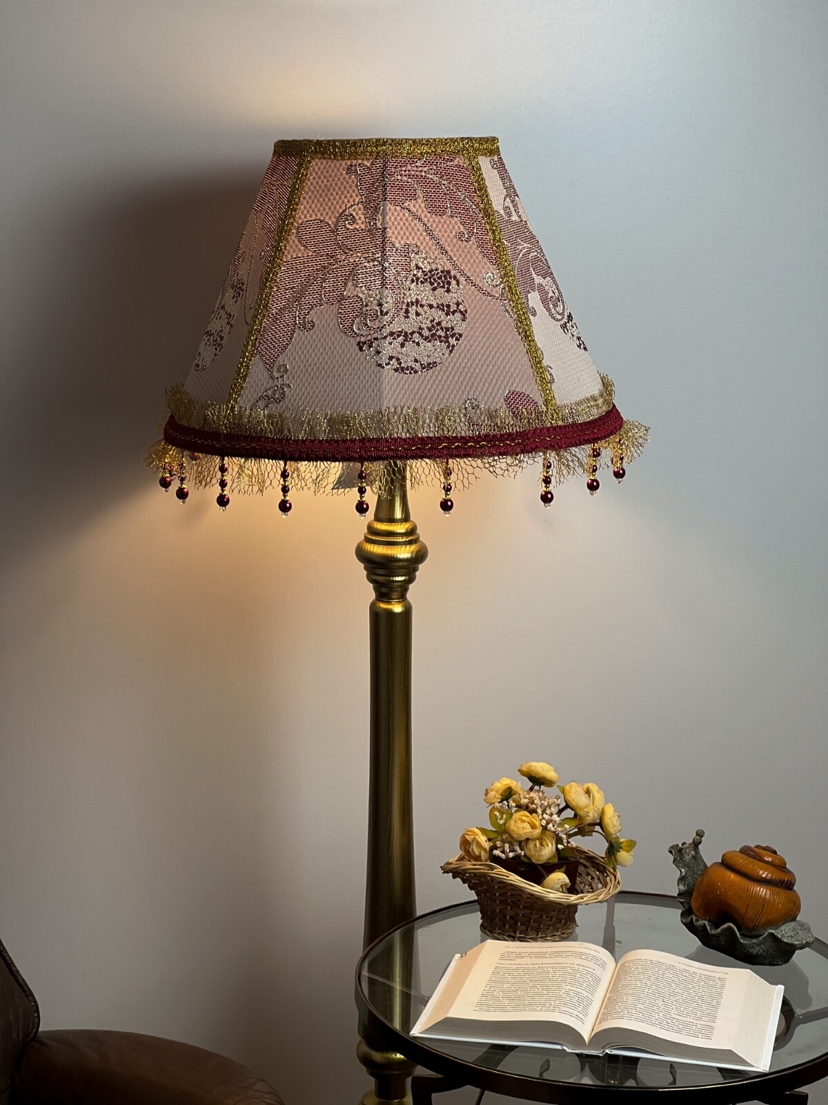 Floor Lamp Beaded Fringe with Ornate Damask Fabric Shade