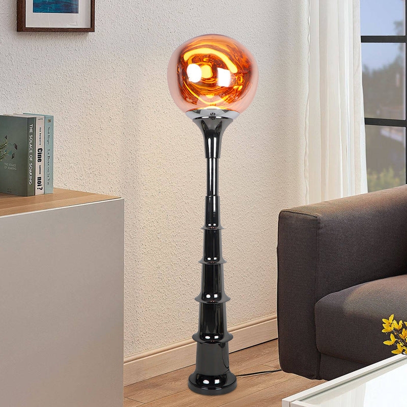 Floor Lamp Glossy Black Tiered Stem with Amber Lava Orb