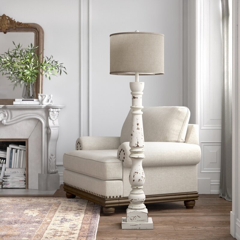 Floor Lamp: Heavily Distressed Carved Wood Spindle