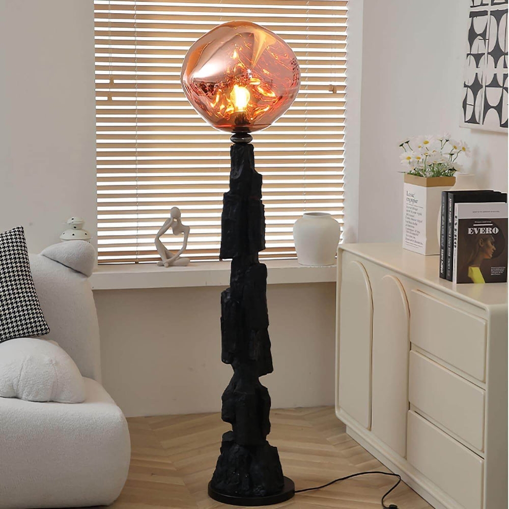 Floor Lamp Rose Gold Glass and Charcoal Rock Base Sculpture