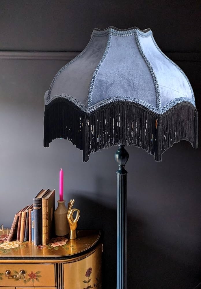 Floor Lamp Scalloped Velvet Shade with Black Fringe Trim