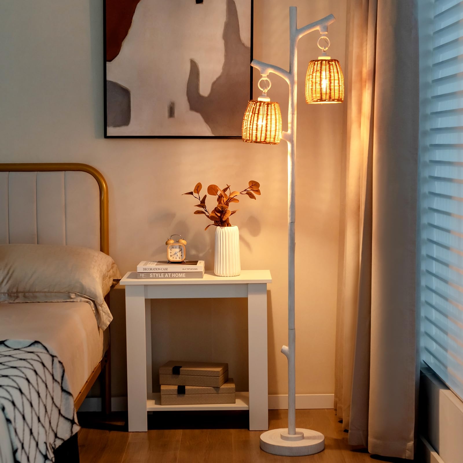 Floor Lamp: Tree Branch Silhouette and Woven Rattan