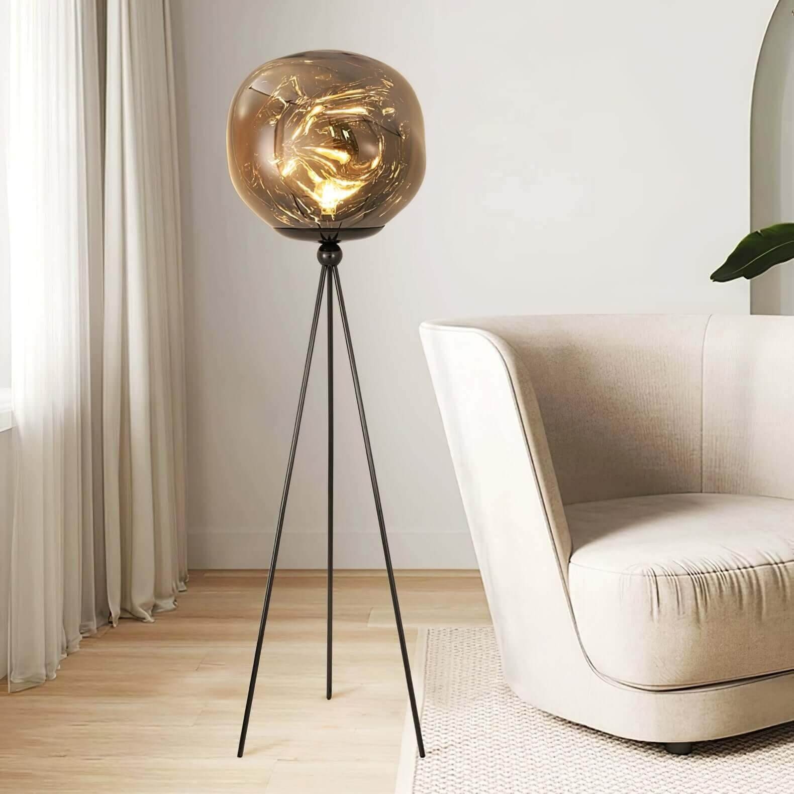 Floor Lamp Tripod Base and Amber Globe with Molten Texture