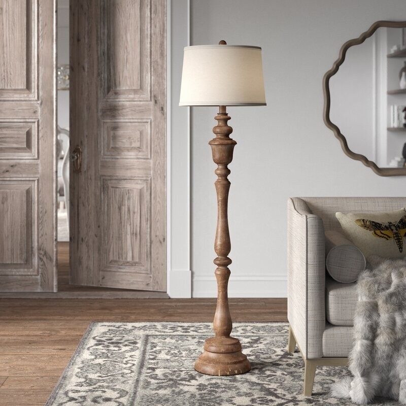 Floor Lamp: Turned Wood Base and Distressed Brown Style