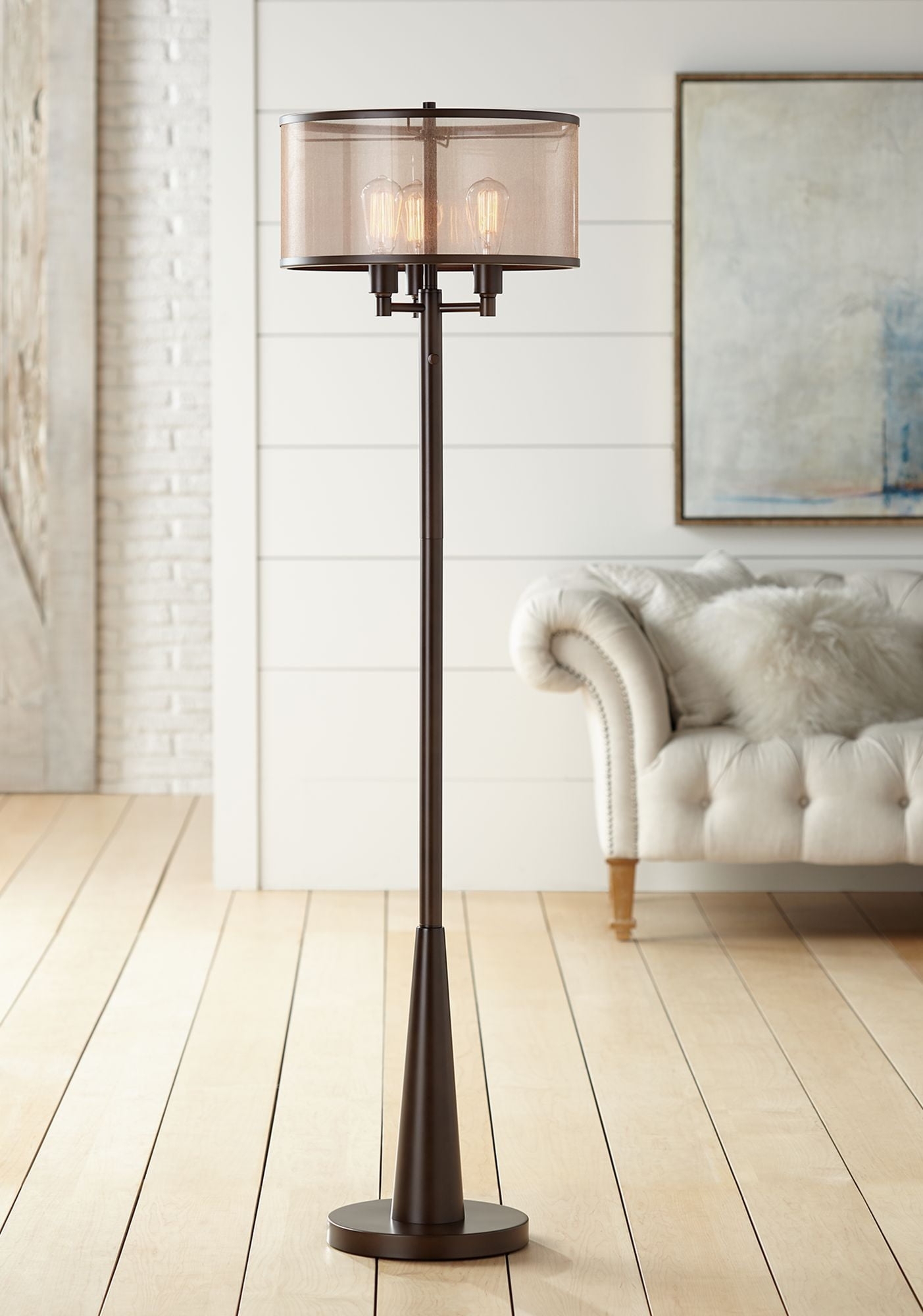 Floor Lamp with Sheer Drum Shade 3-Light Design