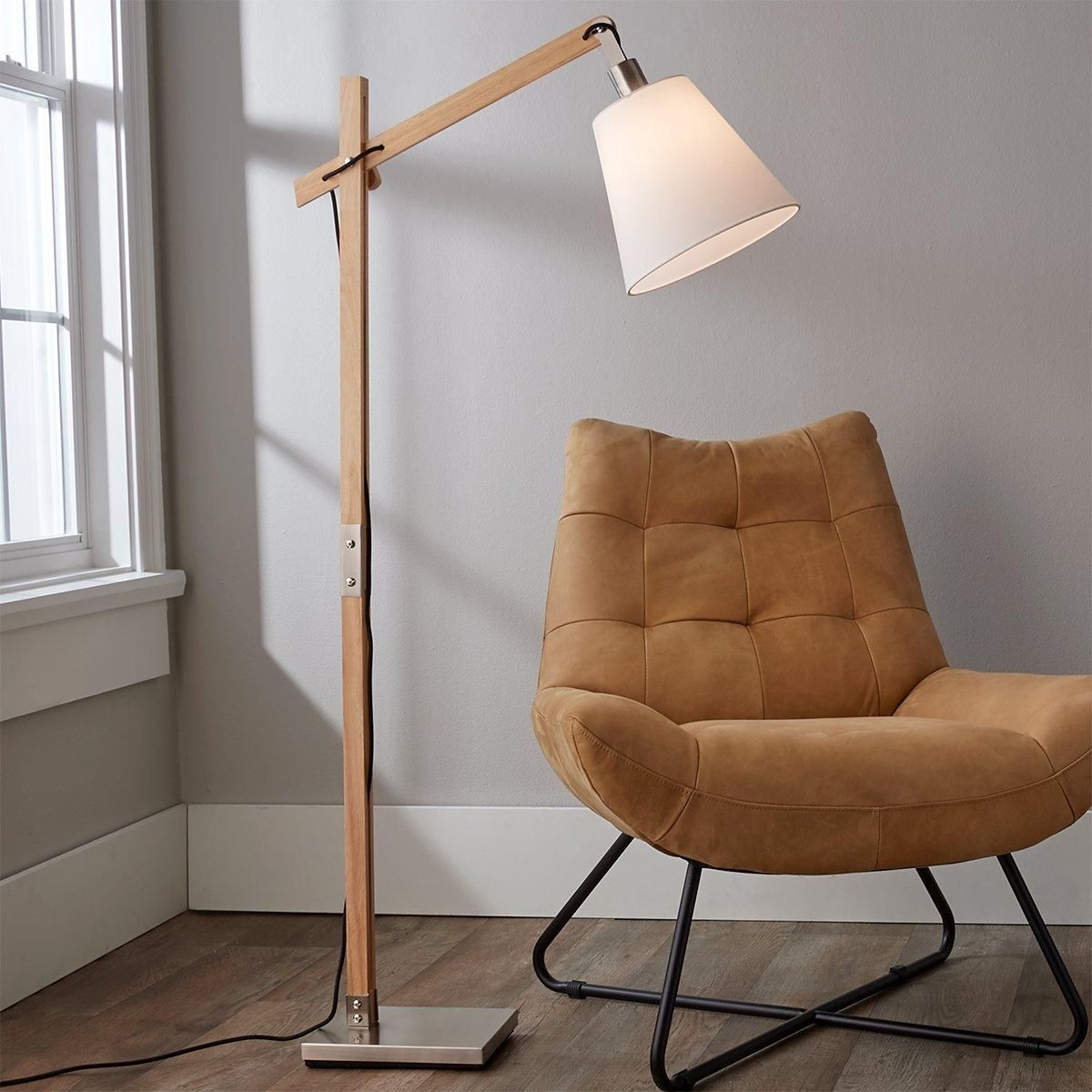 Floor Lamp with Wood Arc Arm and Conical Fabric Shade