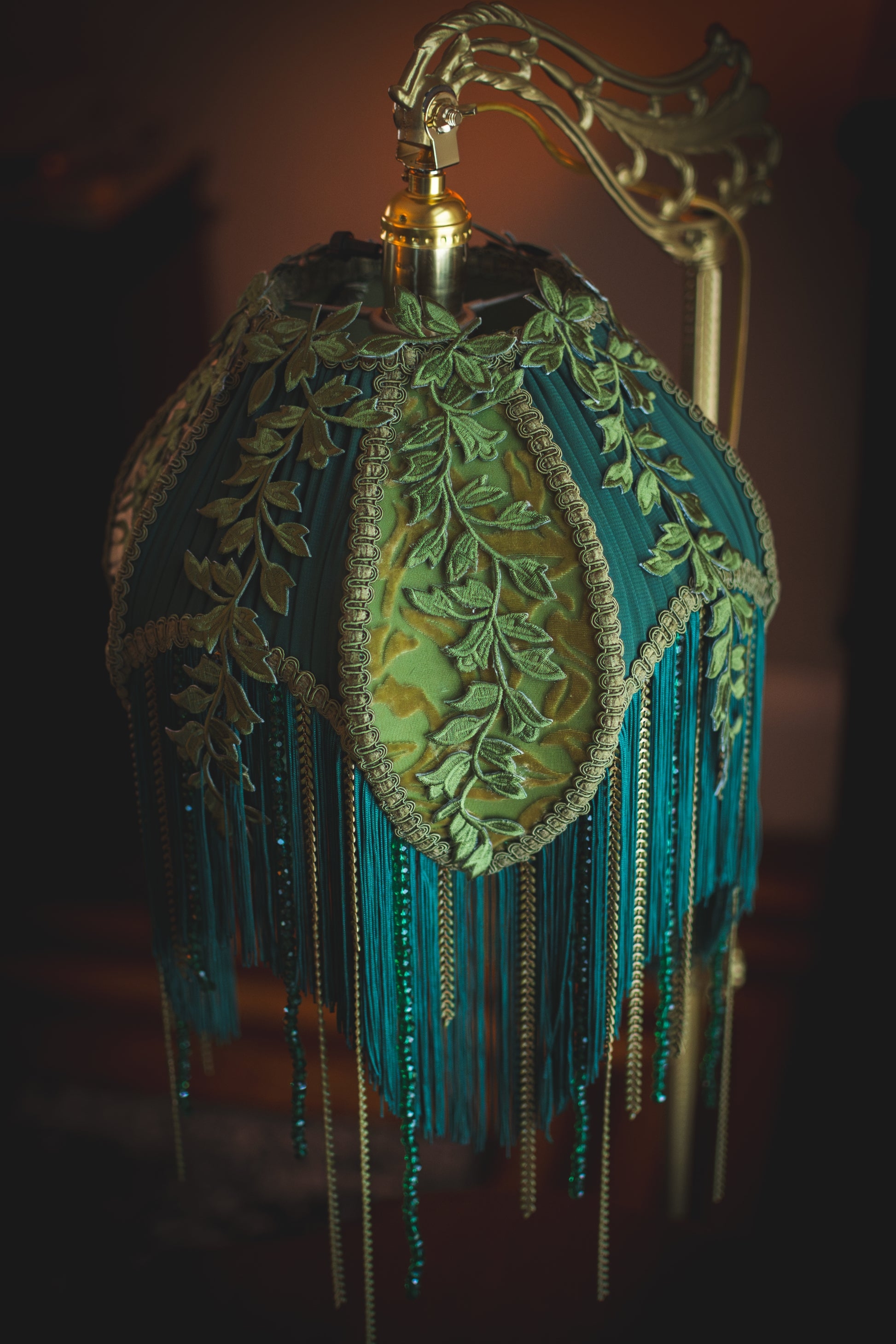 Floor Lampshade Embroidered Leaf Motif and Teal Velvet