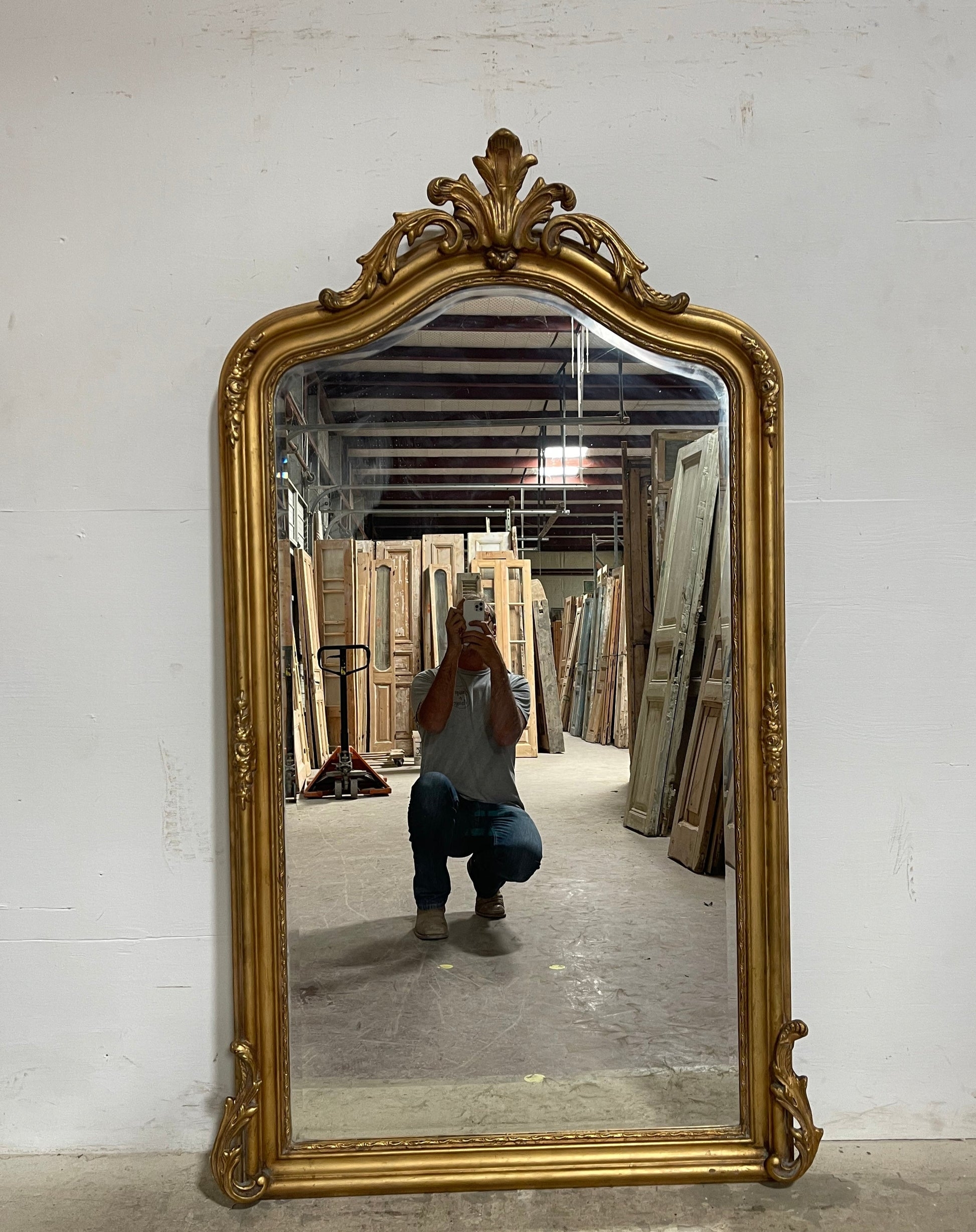 Floor Mirror Acanthus Crest Metallic French Arched Floor Decor