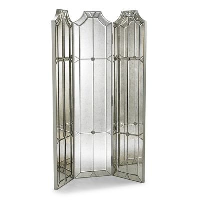 Floor Mirror: Arched Three Panel Beveled Antiqued Screen