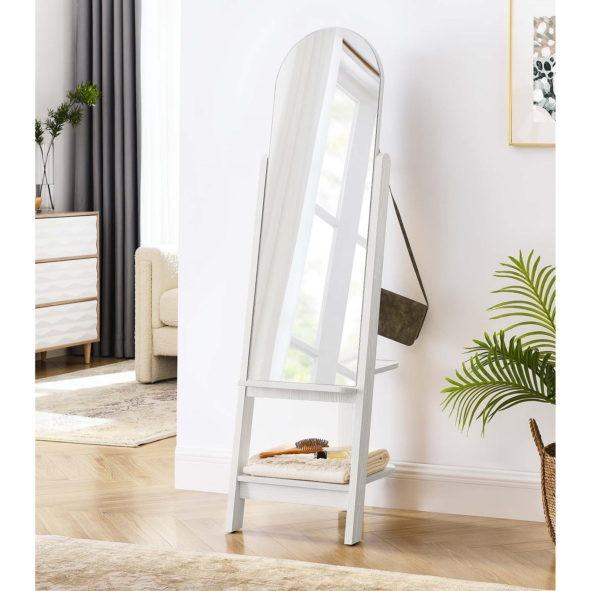 Floor Mirror: Arched Top, Integrated Shelf, Side Hooks