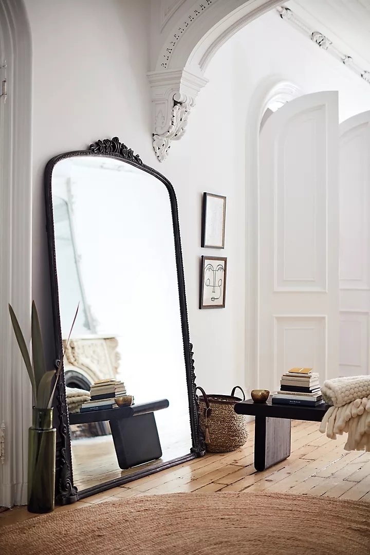 Floor Mirror Black Ornate Leaning Design Matte Beaded Frame