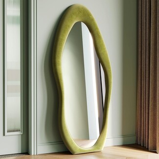 Floor Mirror: Moss Green Padded Frame Asymmetrical Shape