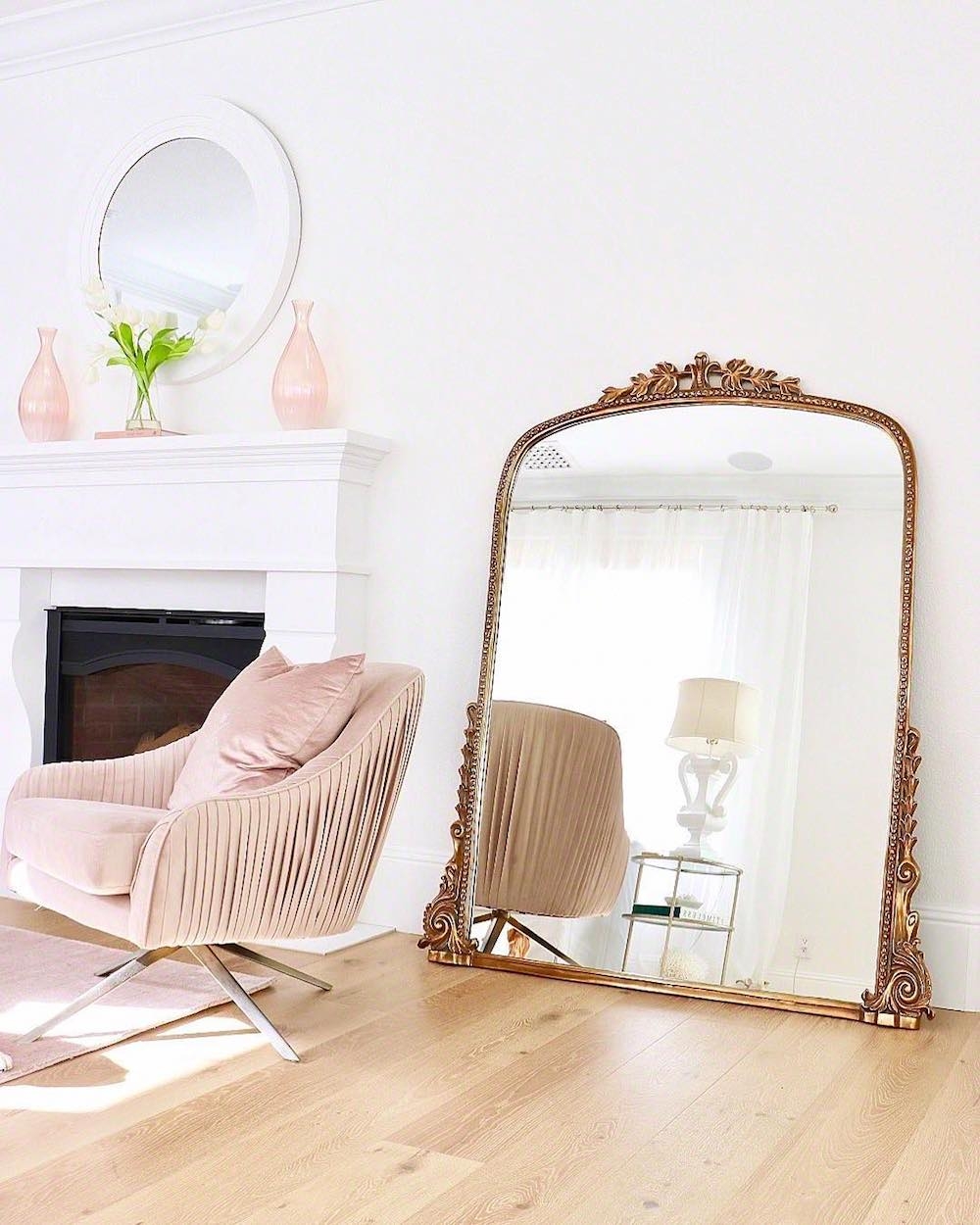 Floor Mirror Ornate Arched Frame Blush Velvet Pleating Decor