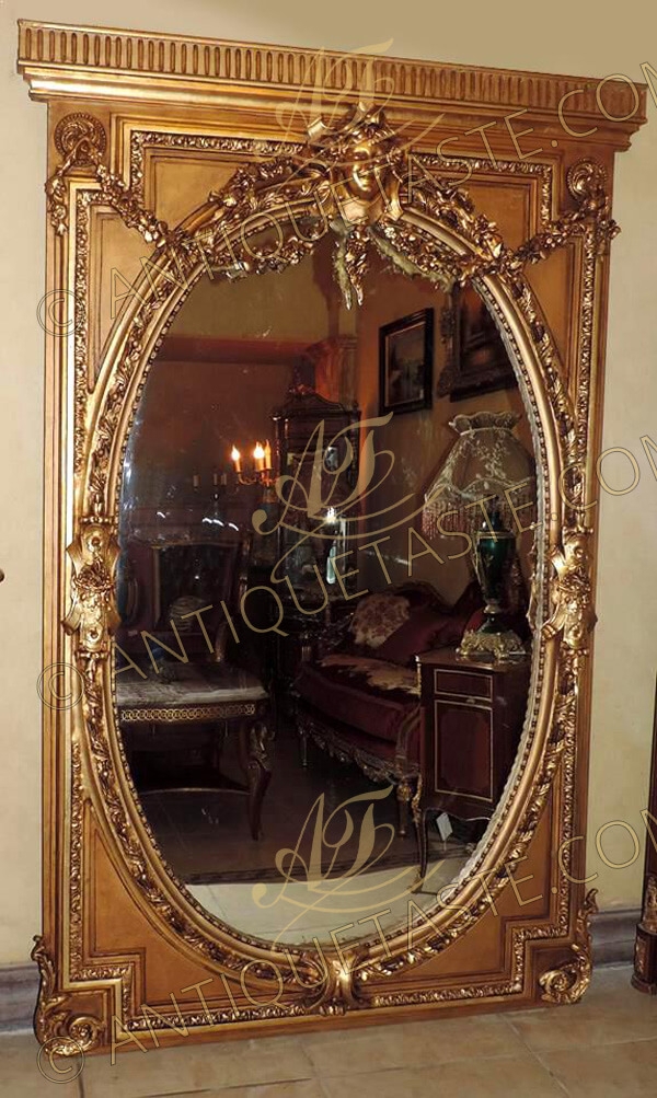 Floor Mirror Oval Inner Frame Carved Mascaron Antique Gilt