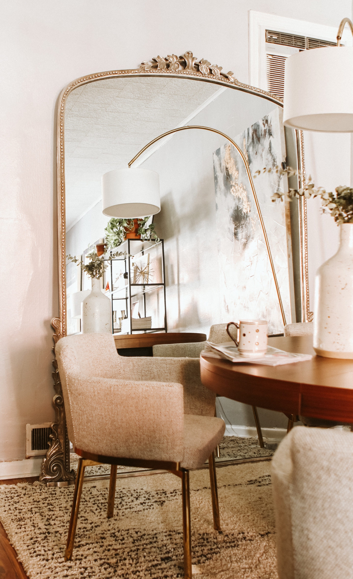 Floor Mirror Oversized Arched Ornate Crown Beaded Border