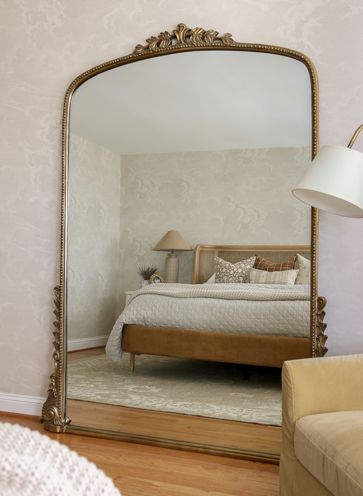 Floor Mirror Oversized Floral Crest Beaded Trim Arched Top