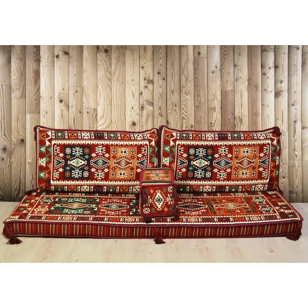 Floor Seating: Deep Red Geometric Pattern with Amber Orange Accents