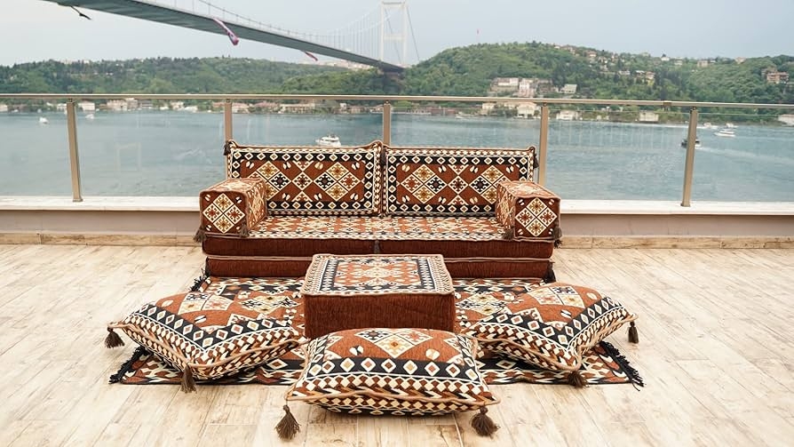 Floor Seating Set: Terracotta Kilim Motifs and Low Profile Floor Sofa