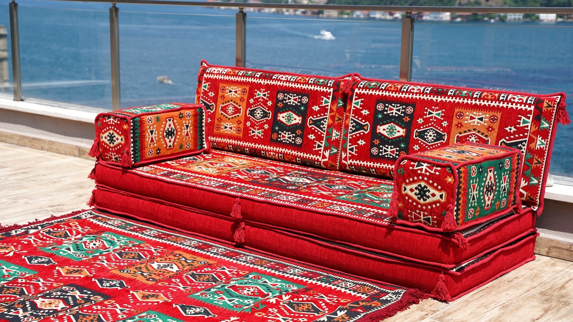 Floor Sofa: Deep Red Stacked Cushion Set with Ethnic Majlis Style