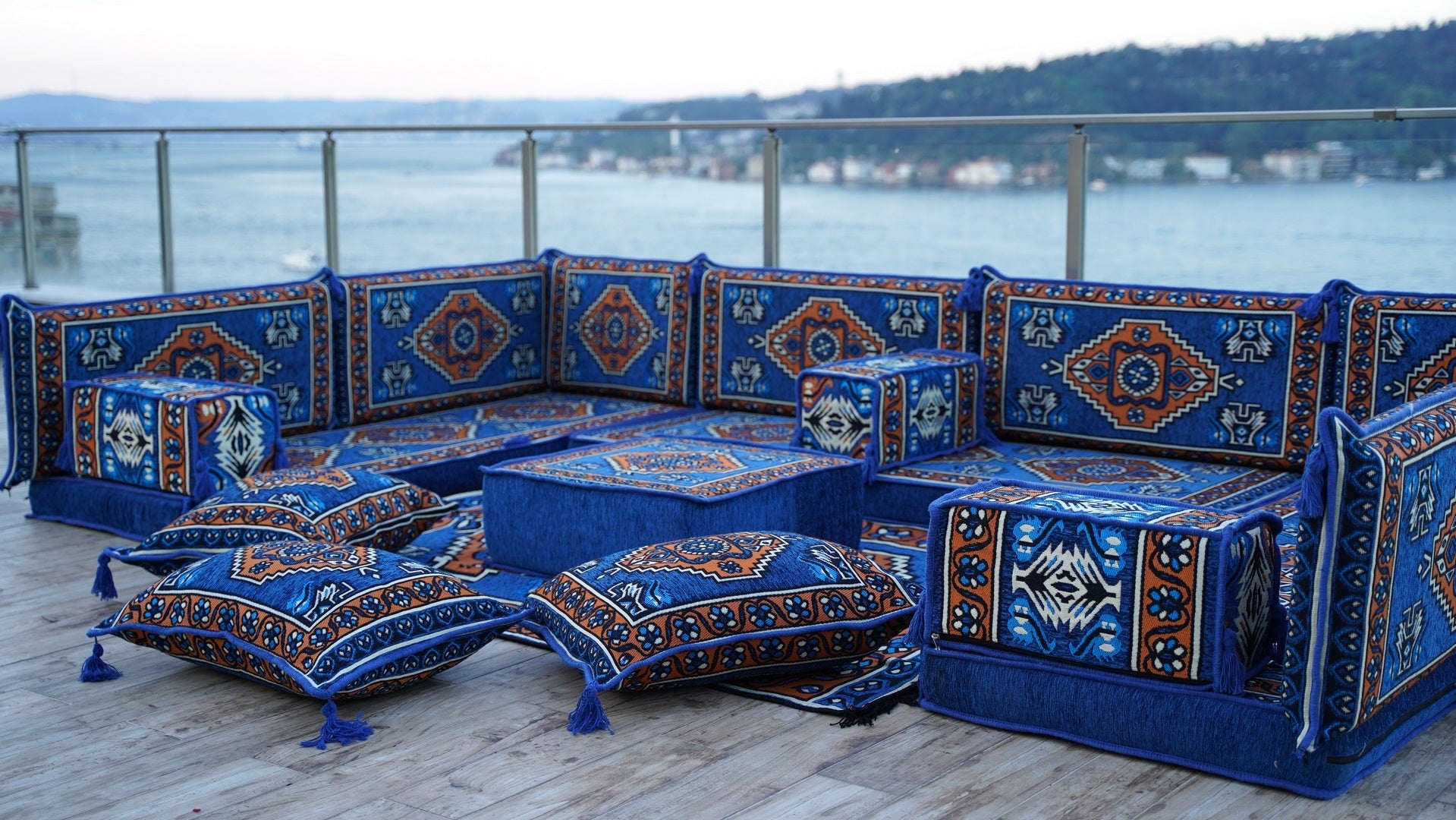 Floor Sofa: Royal Blue U-Shaped Layout with Blue Arabic Majlis