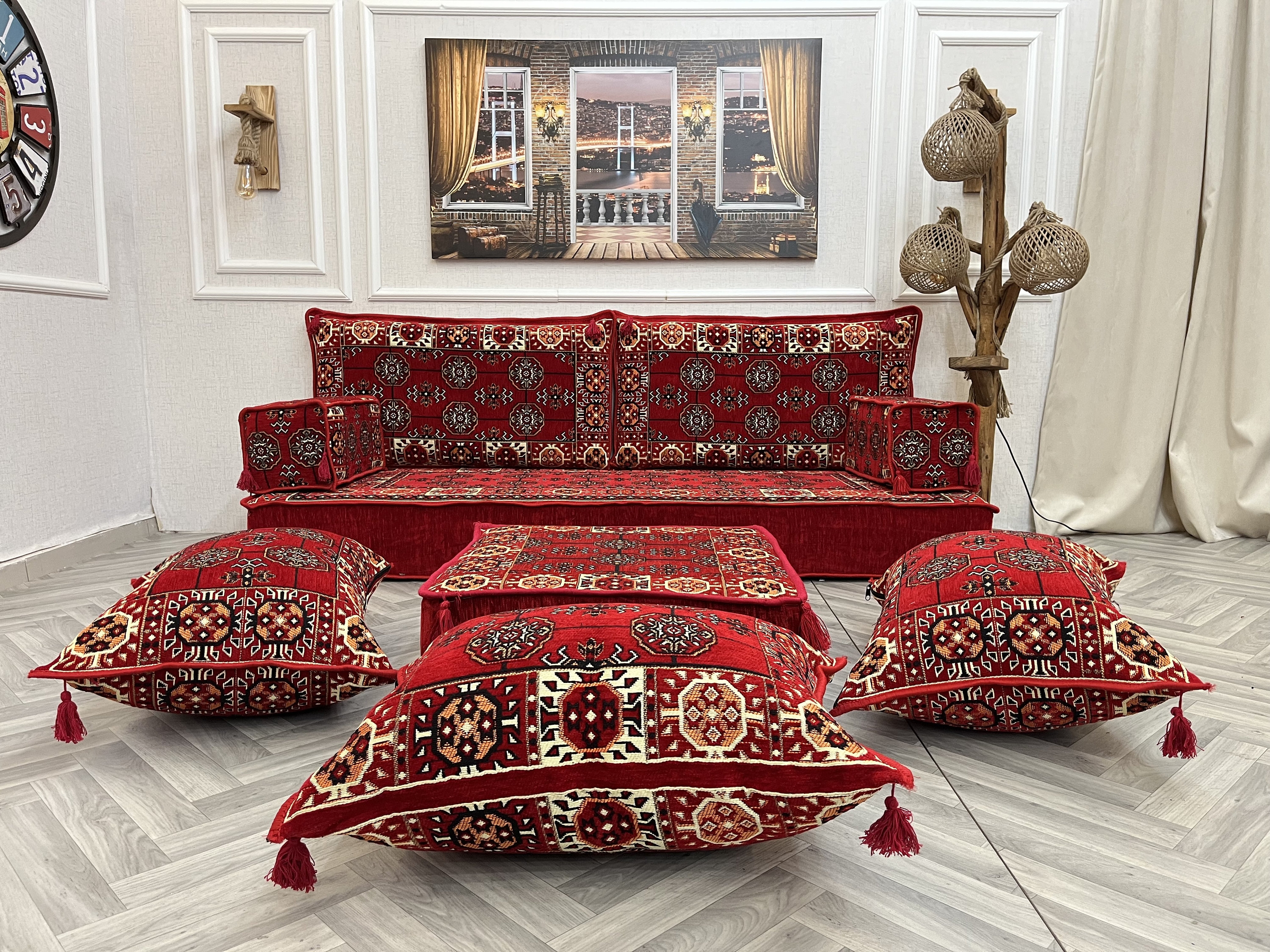 Floor Sofa Set: Crimson Red Kilim Pattern Floor Height Seating