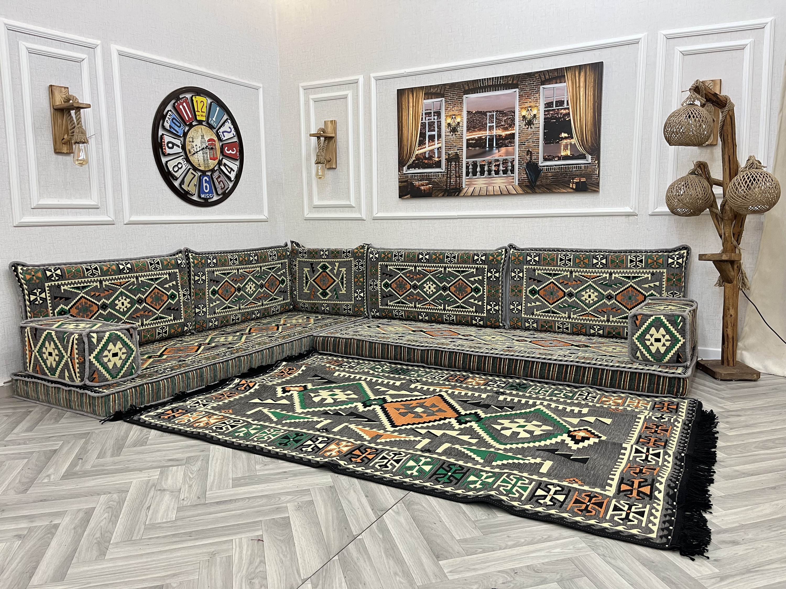 Floor Sofa Set: Dark Gray L-Shaped Floor Couch with Kilim Tapestry