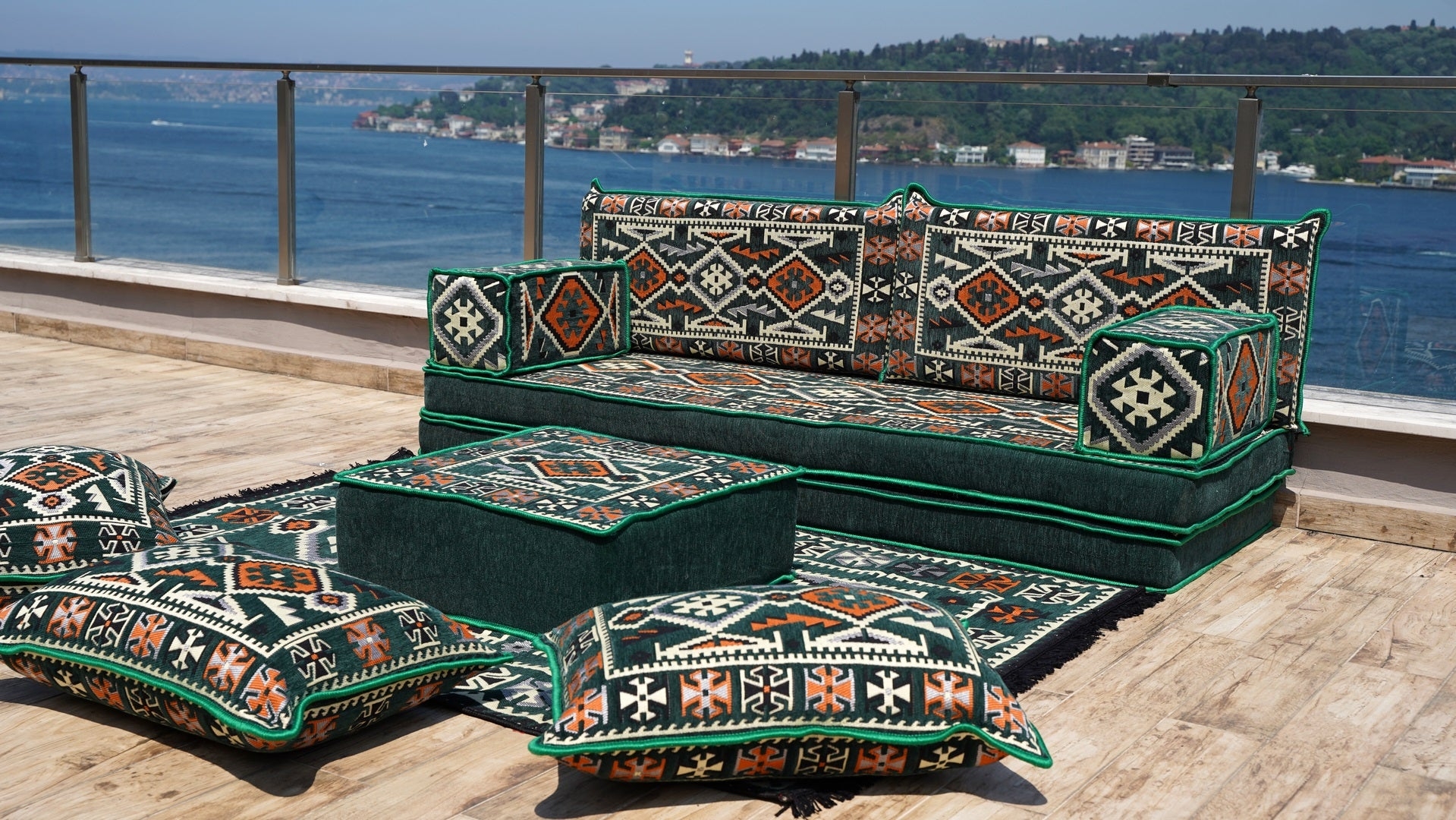 Floor Sofa Set: Forest Green Kilim Pattern Lounge with Low Profile