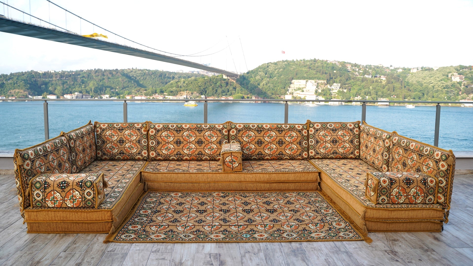 Floor Sofa Set: Golden U-Shaped Floor Seating with Arabic Jalsa Set