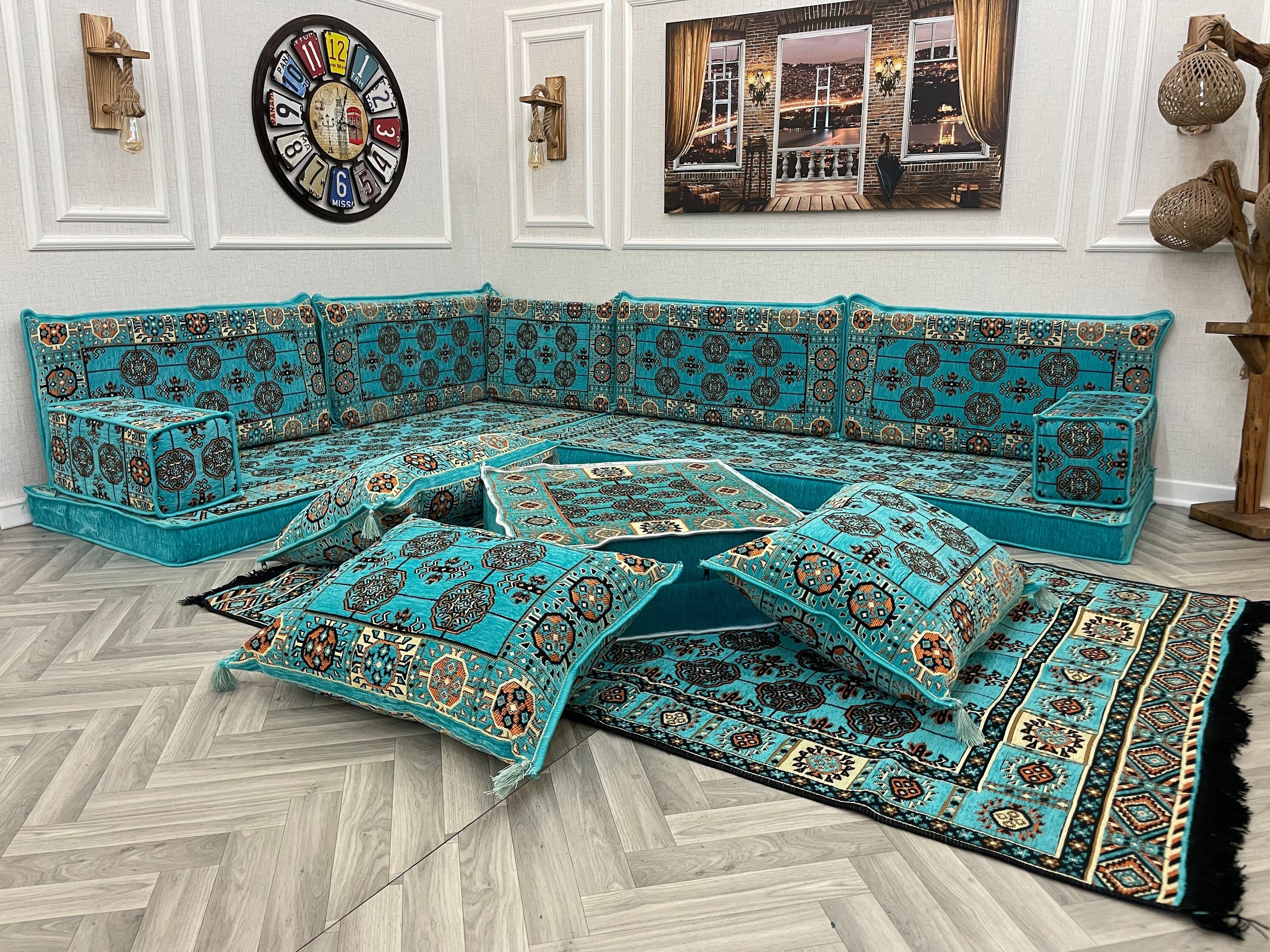 Floor Sofa Set: Turquoise Sectional Floor Sofa with Kilim Rug