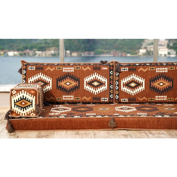 Floor Sofa: Terracotta Orange Kilim Pattern with Corner Tassels