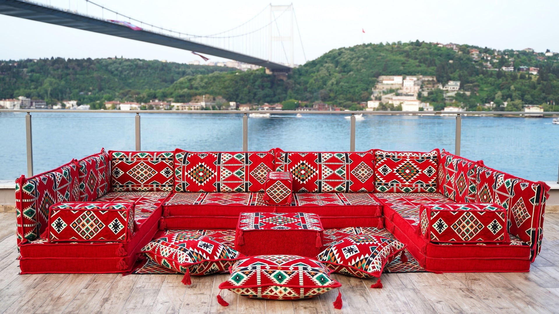 Floor Sofa: Vibrant Red U-Shaped Seating with Arabic Majlis Style