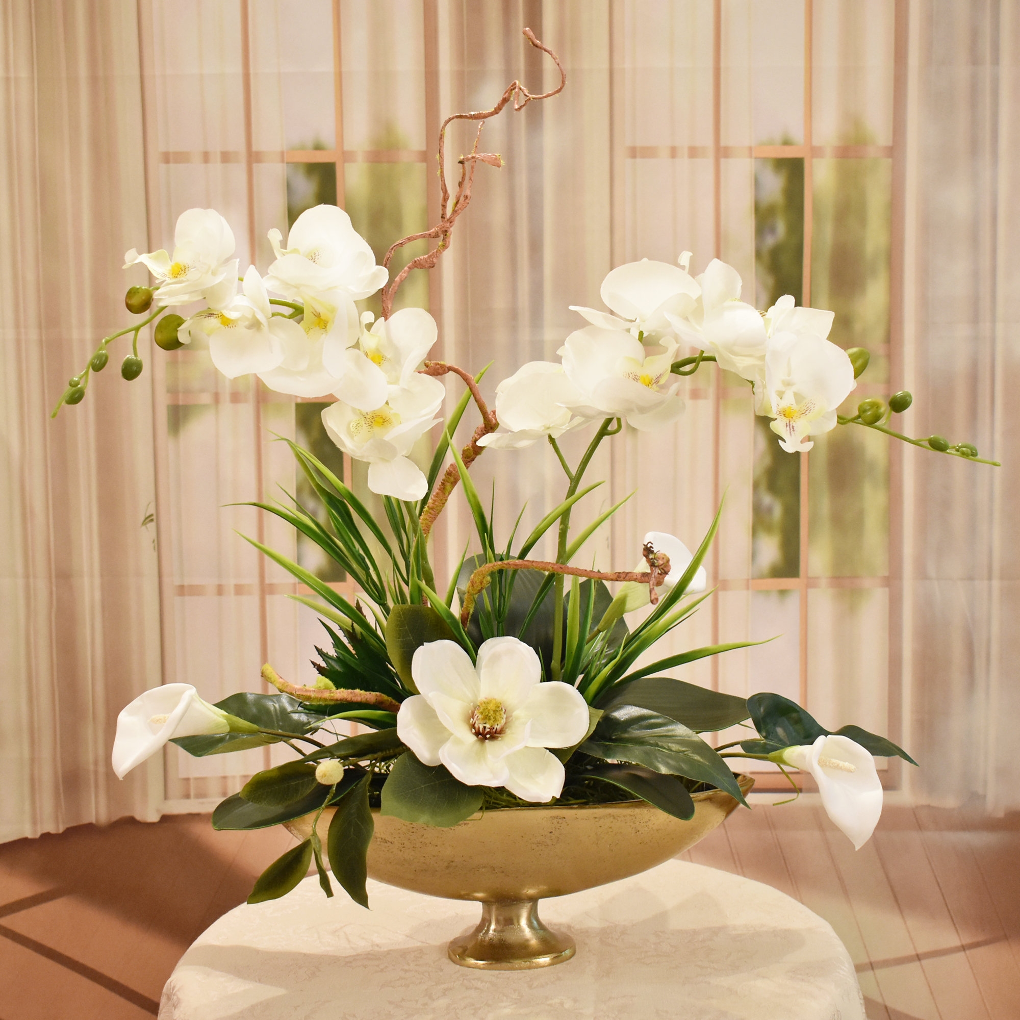 Floral Arrangement Footed Gold Bowl Mixed White Botanicals Arched