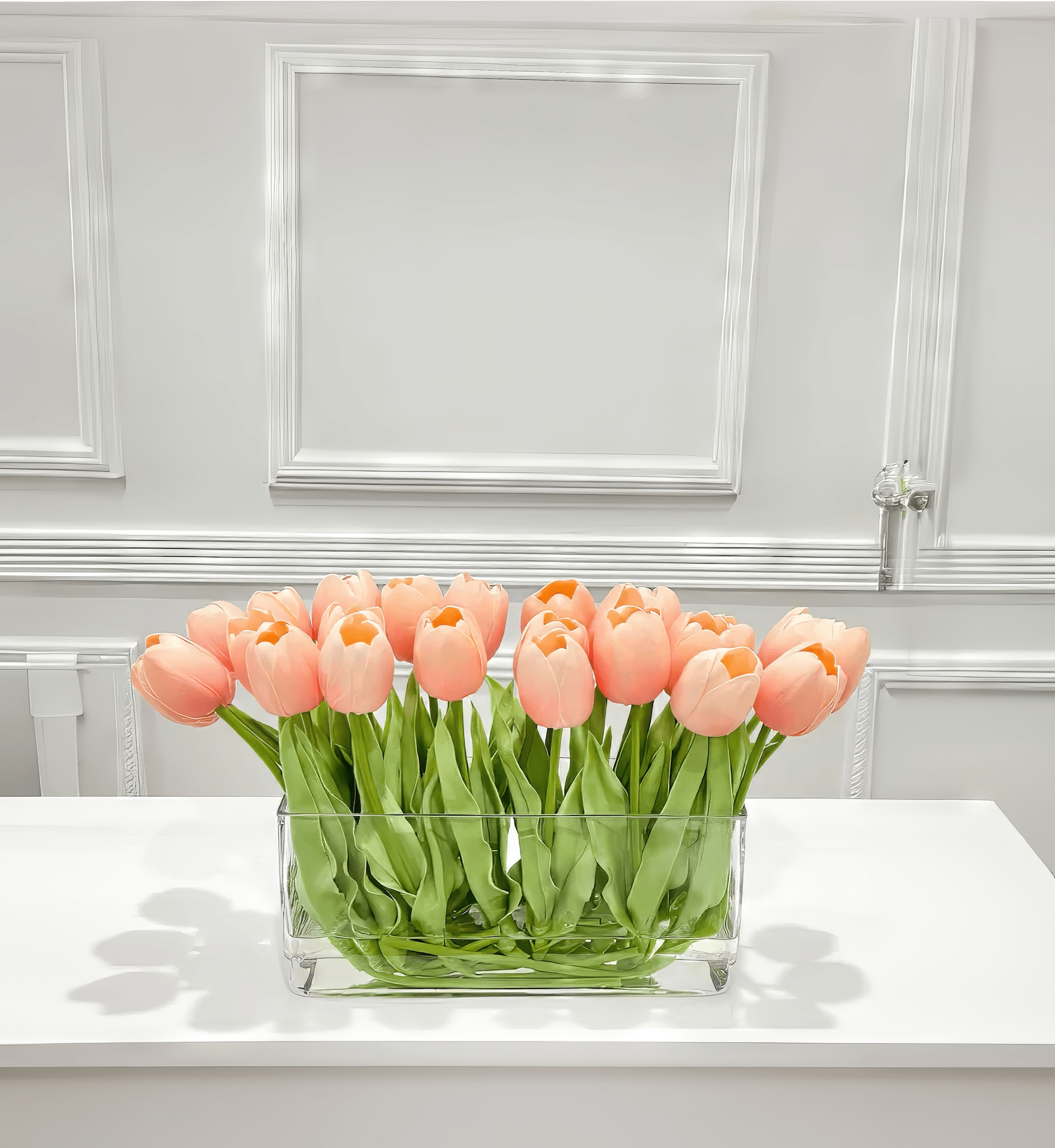 Floral Arrangement: Horizontal Glass Vase Peach Tulip Centerpiece