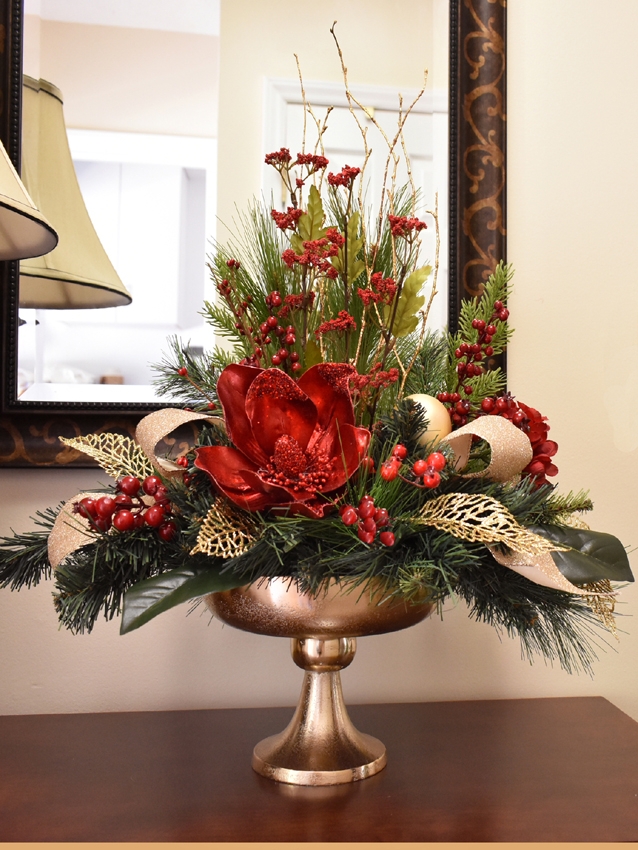Floral Centerpiece Glittered Red Magnolia Gold Base