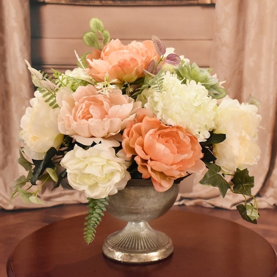 Floral Centerpiece Peach Silk Peony Ribbed Silver Urn