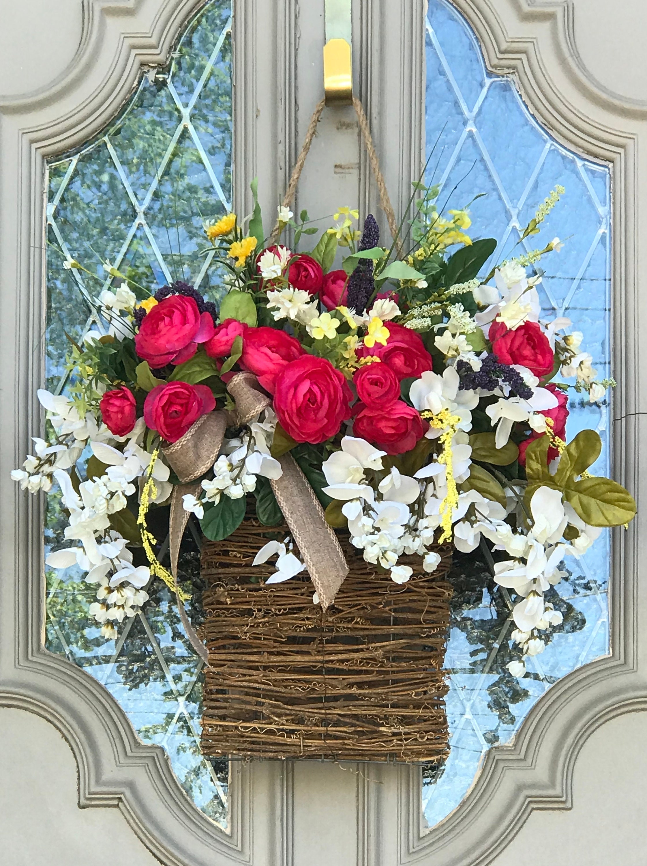 Floral Door Basket with Trailing White Wisteria for Wildflower Decor