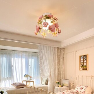 Flush Mount Light Botanical Cage Design Milk Glass Flower Lamp
