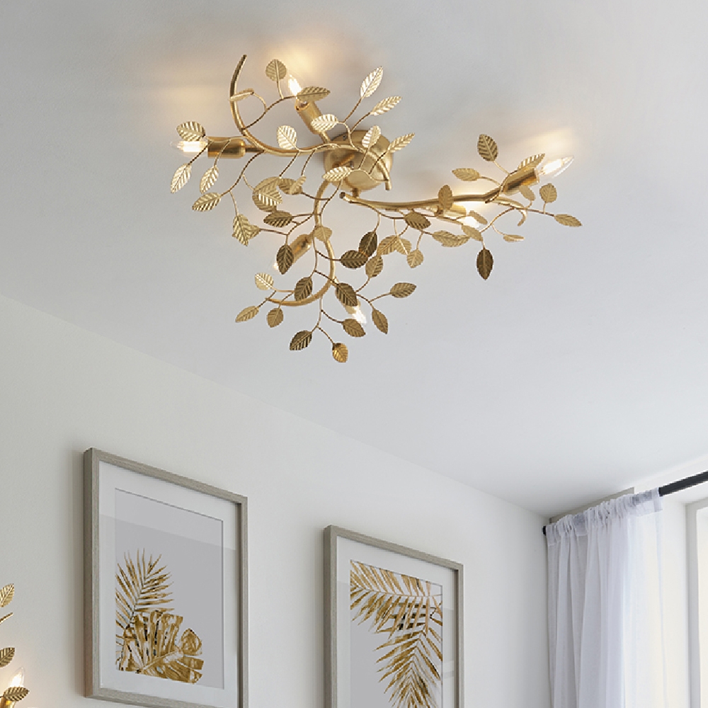 Flush Mount Light Gold Leaf Accents Nature Inspired Fixture