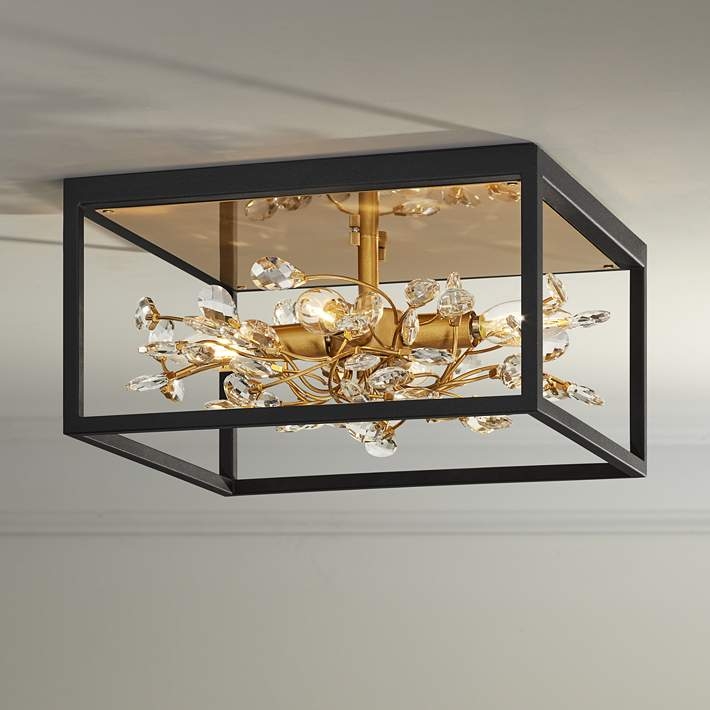 Flushmount Ceiling Light Crystal Accents Square Frame