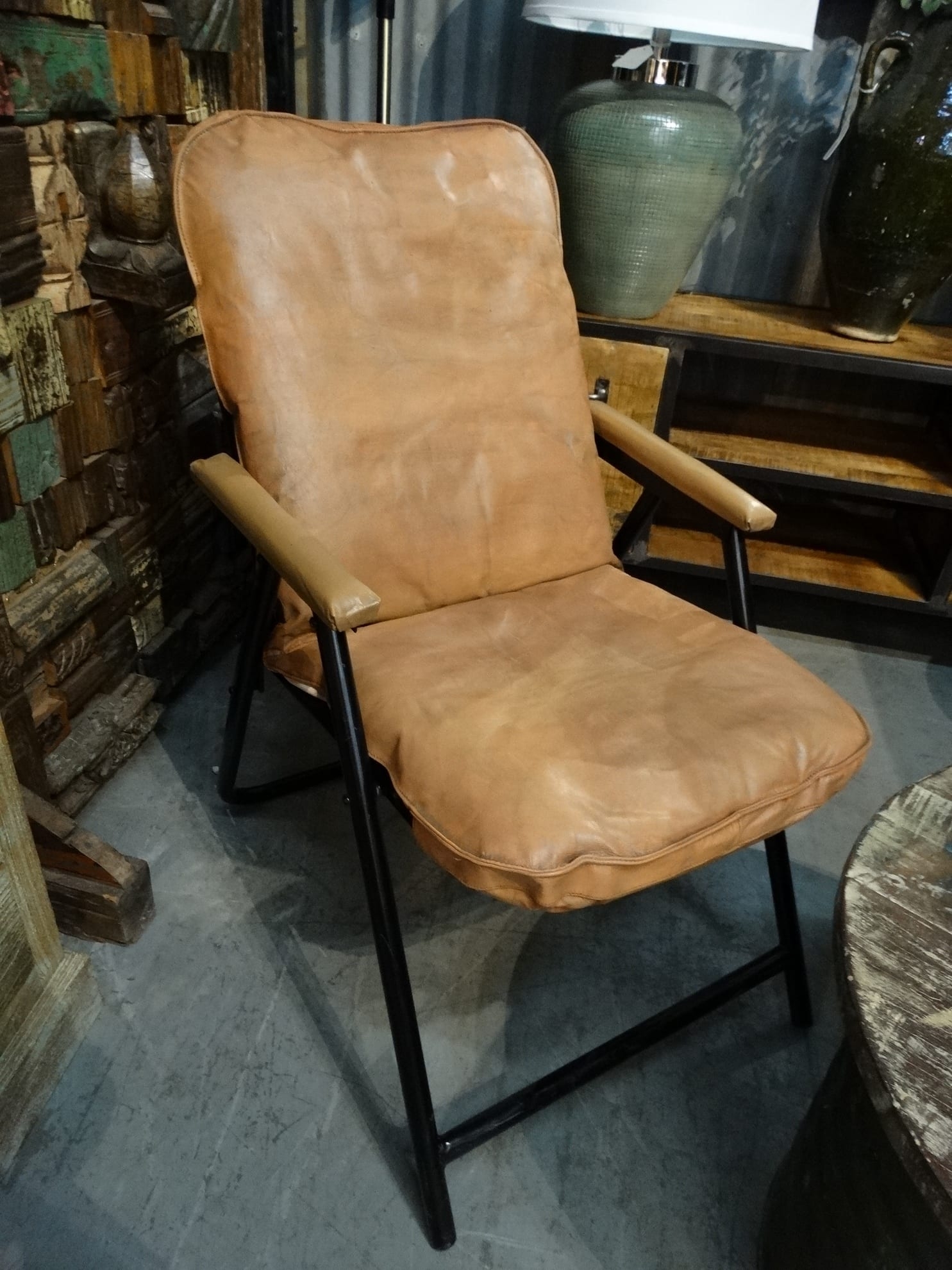 Folding Armchair in Distressed Goat Leather with Metal